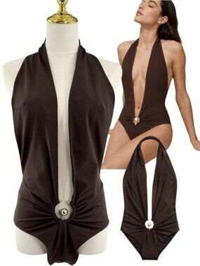 🆕 CHRISTOPHER ESBER 🧿 NWOT Ruched Orbit Halter 1PC Bathing Suit, Brown - Sz 6